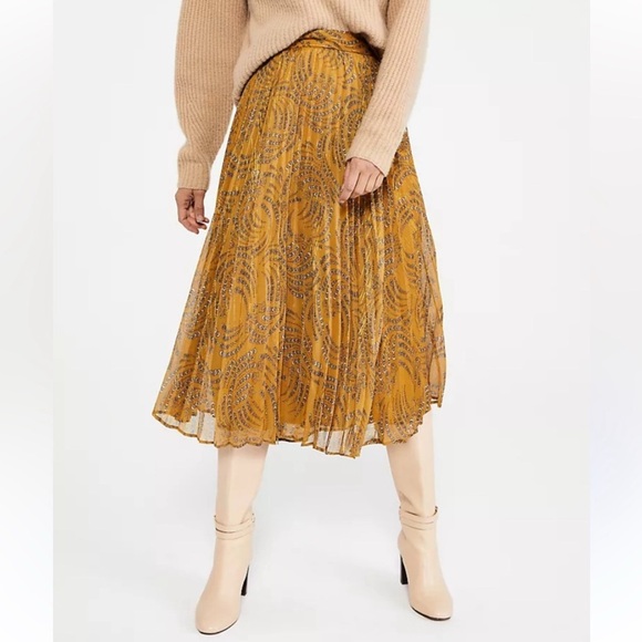 MANGO Mustard Floral Print Pleated Chiffon Tie & Elastic Waist Midi Skirt Sz M - Picture 13 of 13